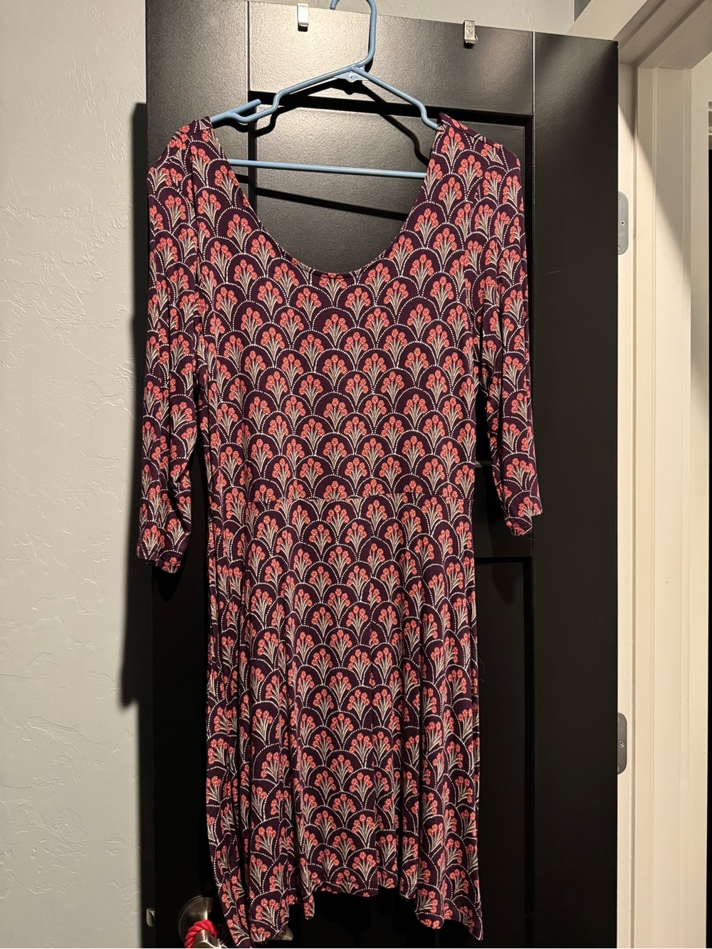 Express Burgundy and Pink Patterned Long Sleeve Scoop Dress